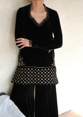 Ibtidā Black Velvet Short Kurta and Sharara with Mosaic Jaal and Tissue- edged Velvet Stole