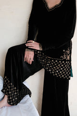 Ibtidā Black Velvet Short Kurta and Sharara with Mosaic Jaal and Tissue- edged Velvet Stole