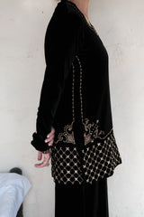 Ibtidā Black Velvet Short Kurta and Sharara with Mosaic Jaal and Tissue- edged Velvet Stole