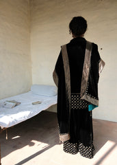 Ibtidā Black Velvet Short Kurta and Sharara with Mosaic Jaal and Tissue- edged Velvet Stole