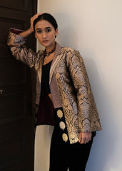Black Brocade Jacket Crafted in rich Banarasi kadhua brocade, handwoven with intricate floral motifs