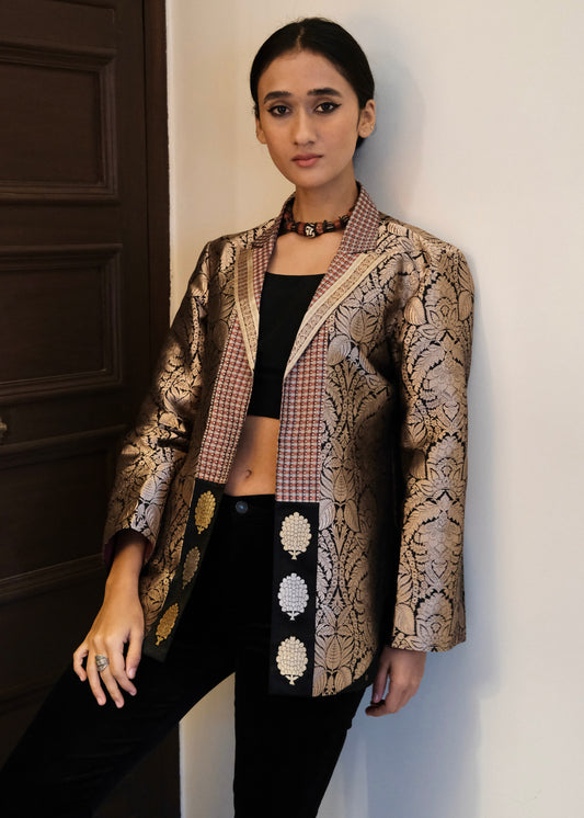 Black Brocade Jacket Crafted in rich Banarasi kadhua brocade, handwoven with intricate floral motifs