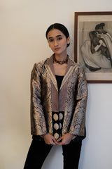 Black Brocade Jacket Crafted in rich Banarasi kadhua brocade, handwoven with intricate floral motifs