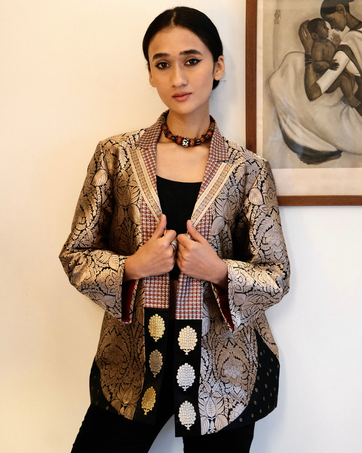 Black Brocade Jacket Crafted in rich Banarasi kadhua brocade, handwoven with intricate floral motifs