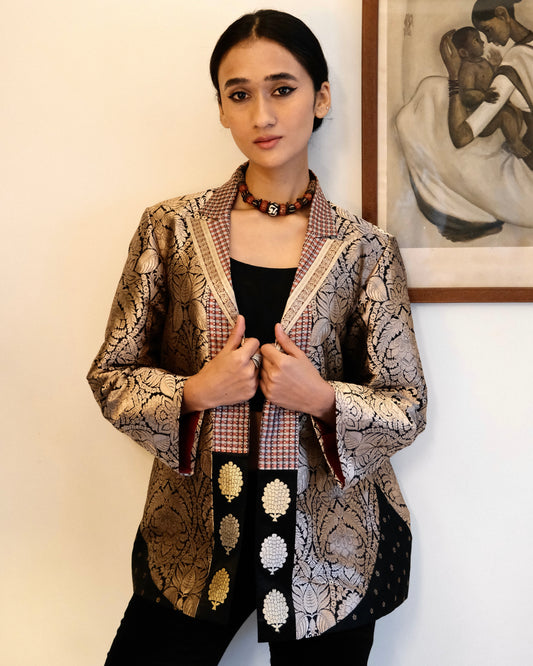 Black Brocade Jacket Crafted in rich Banarasi kadhua brocade, handwoven with intricate floral motifs