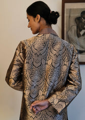 Black Brocade Jacket Crafted in rich Banarasi kadhua brocade, handwoven with intricate floral motifs
