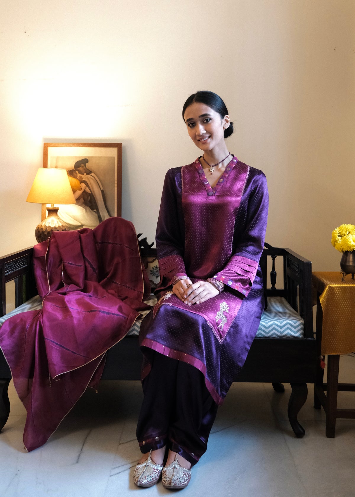 Magenta Pink & Purple Daani Mashru Kurta with Cotton Satin Salwar & Leheriya dupatta