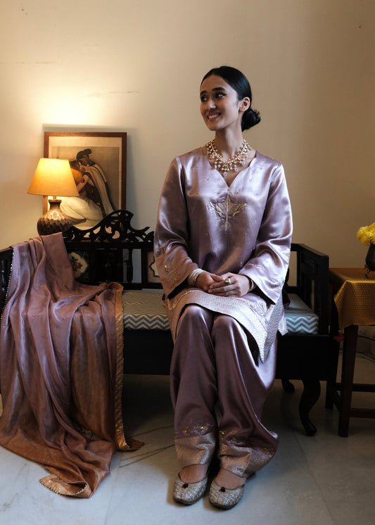 Lilac-Pink Mashru Silk Kurta with Banarasi Brocade Panels, Salwar & Silk Tie-Dye Dupatta