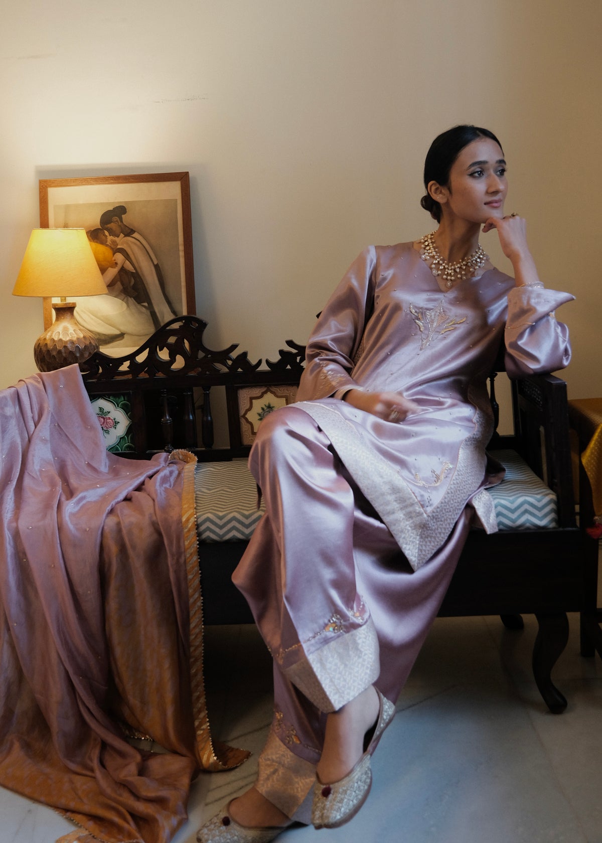 Lilac-Pink Mashru Silk Kurta with Banarasi Brocade Panels, Salwar & Silk Tie-Dye Dupatta