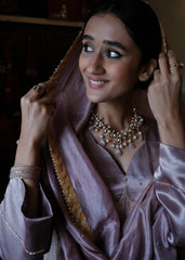 Lilac-Pink Mashru Silk Kurta with Banarasi Brocade Panels, Salwar & Silk Tie-Dye Dupatta