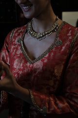 Red Banarasi Kadhua Brocade Kurta with Tissue Garara & Zari-Striped Organza Dupatta