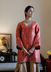 Red Banarasi Kadhua Brocade Kurta with Tissue Garara & Zari-Striped Organza Dupatta