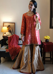 Red Banarasi Kadhua Brocade Kurta with Tissue Garara & Zari-Striped Organza Dupatta