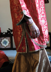 Red Banarasi Kadhua Brocade Kurta with Tissue Garara & Zari-Striped Organza Dupatta