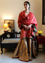 Red Banarasi Kadhua Brocade Kurta with Tissue Garara & Zari-Striped Organza Dupatta