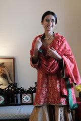 Red Banarasi Kadhua Brocade Kurta with Tissue Garara & Zari-Striped Organza Dupatta