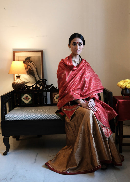 Red Banarasi Kadhua Brocade Kurta with Tissue Garara & Zari-Striped Organza Dupatta