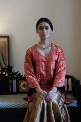 Red Banarasi Kadhua Brocade Kurta with Tissue Garara & Zari-Striped Organza Dupatta