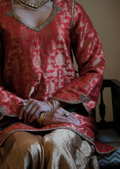 Red Banarasi Kadhua Brocade Kurta with Tissue Garara & Zari-Striped Organza Dupatta