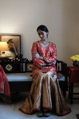 Red Banarasi Kadhua Brocade Kurta with Tissue Garara & Zari-Striped Organza Dupatta