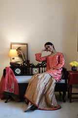 Red Banarasi Kadhua Brocade Kurta with Tissue Garara & Zari-Striped Organza Dupatta