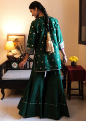 Bottle green Banarasi Kadhua Silk Kurti & Garara Set with Zari Stripes Organza dupatta