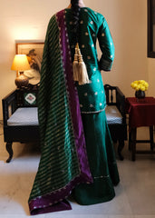 Bottle green Banarasi Kadhua Silk Kurti & Garara Set with Zari Stripes Organza dupatta