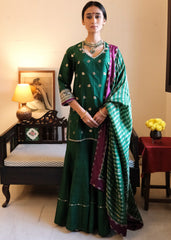 Bottle green Banarasi Kadhua Silk Kurti & Garara Set with Zari Stripes Organza dupatta