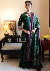 Bottle green Banarasi Kadhua Silk Kurti & Garara Set with Zari Stripes Organza dupatta