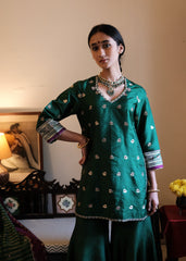 Bottle green Banarasi Kadhua Silk Kurti & Garara Set with Zari Stripes Organza dupatta