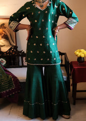 Bottle green Banarasi Kadhua Silk Kurti & Garara Set with Zari Stripes Organza dupatta