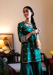 Bottle green Banarasi Kadhua Silk Kurti & Garara Set with Zari Stripes Organza dupatta