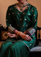 Bottle green Banarasi Kadhua Silk Kurti & Garara Set with Zari Stripes Organza dupatta