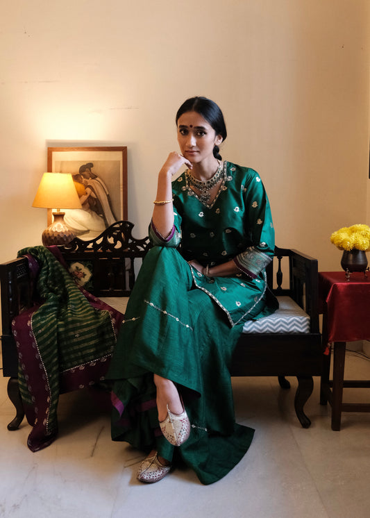 Bottle green Banarasi Kadhua Silk Kurti & Garara Set with Zari Stripes Organza dupatta