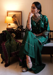 Bottle green Banarasi Kadhua Silk Kurti & Garara Set with Zari Stripes Organza dupatta