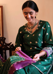 Bottle green Banarasi Kadhua Silk Kurti & Garara Set with Zari Stripes Organza dupatta