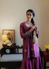 Magenta Banarasi Kadhua silk kurti & Garara set with striped tissue chanderi dupatta