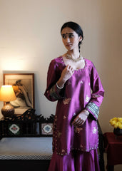 Magenta Banarasi Kadhua silk kurti & Garara set with striped tissue chanderi dupatta