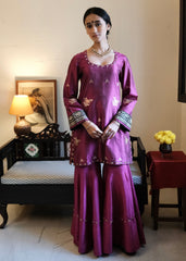 Magenta Banarasi Kadhua silk kurti & Garara set with striped tissue chanderi dupatta