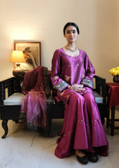 Magenta Banarasi Kadhua silk kurti & Garara set with striped tissue chanderi dupatta