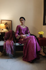 Magenta Banarasi Kadhua silk kurti & Garara set with striped tissue chanderi dupatta