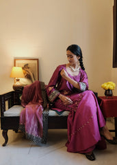 Magenta Banarasi Kadhua silk kurti & Garara set with striped tissue chanderi dupatta