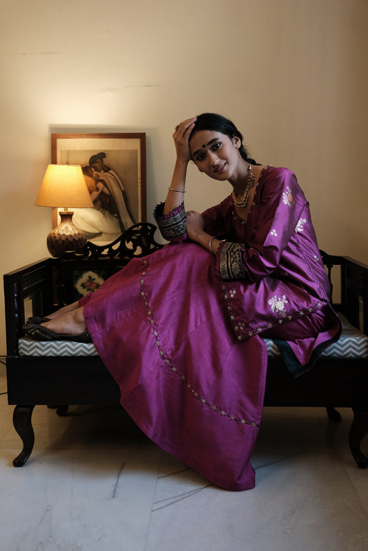 Magenta Banarasi Kadhua silk kurti & Garara set with striped tissue chanderi dupatta