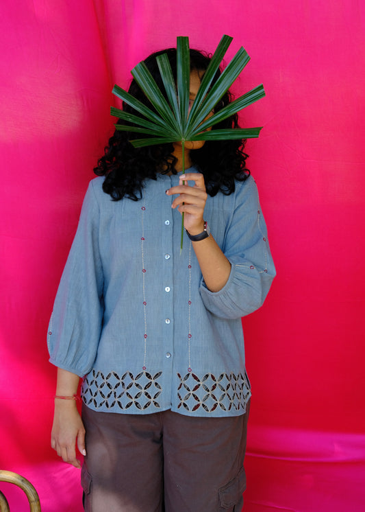 Saath Saath | Dusty Blue Kala Cotton Appliqué Top