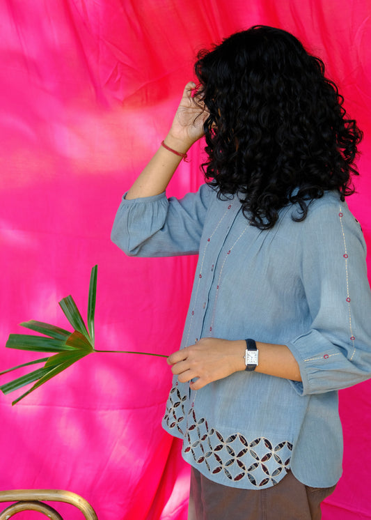 Saath Saath | Dusty Blue Kala Cotton Appliqué Top