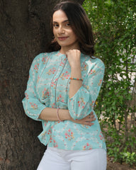 Aqua blue floral print mulmul top with schiffli lace
