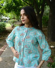 Aqua blue floral print mulmul top with schiffli lace