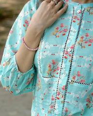 Aqua blue floral print mulmul top with schiffli lace