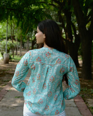 Aqua blue floral print mulmul top with schiffli lace