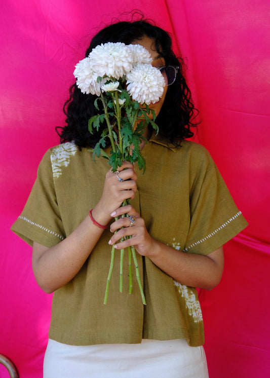 Saath Saath | Olive Green Kala Cotton Leaf Shibori Top